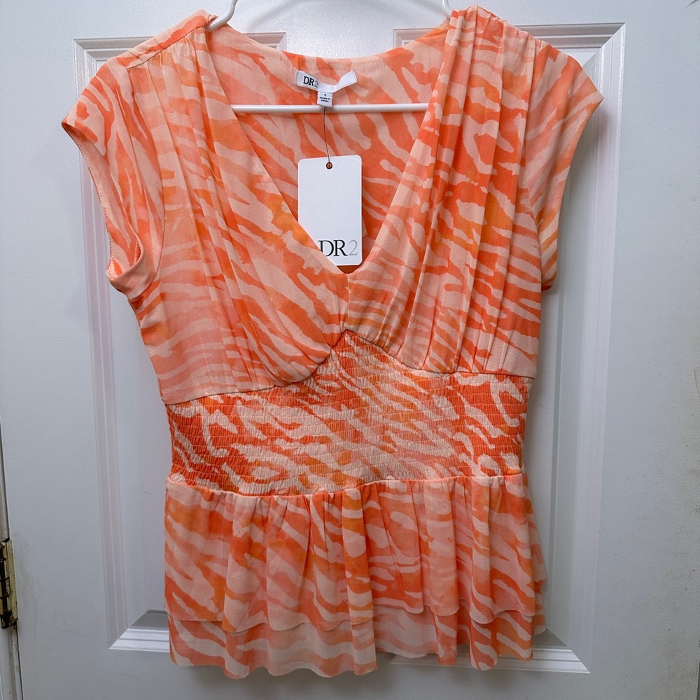 NWT DR2 Orange and White Pleated Wrap Blouse